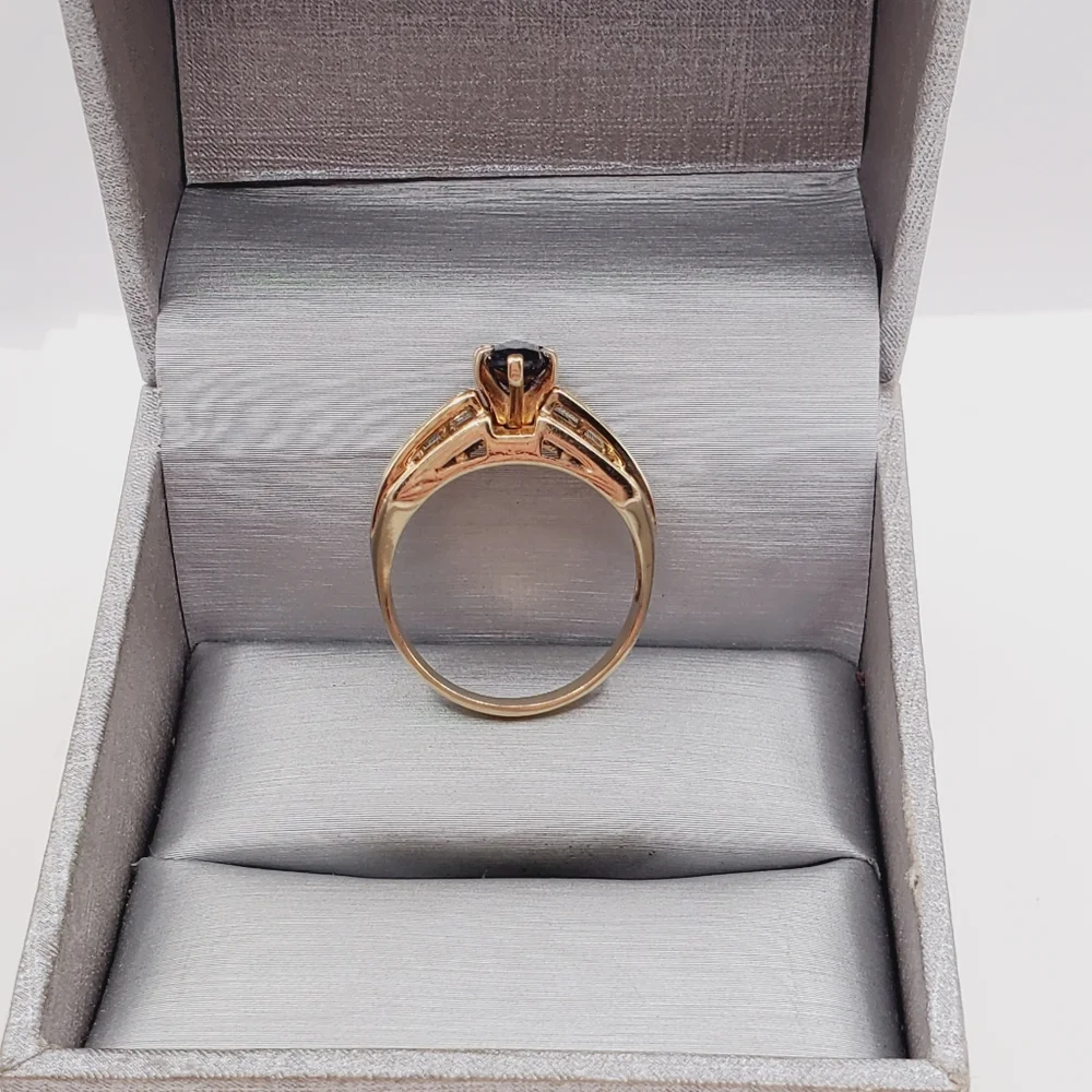 10k Solid Yellow Gold Genuine Marquise Blue Sapphire & Diamond Statement Ring